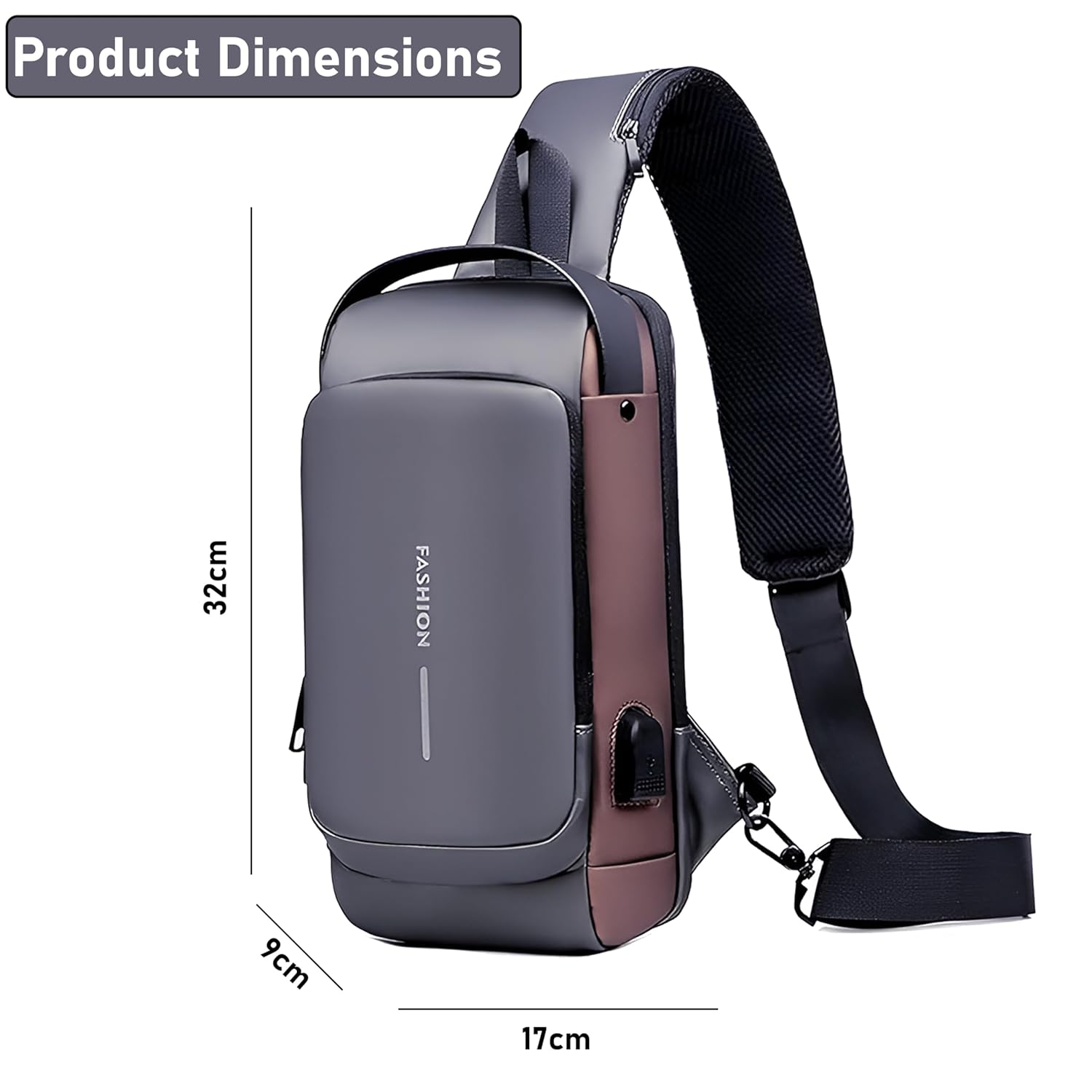 Storite Sling Bag for Men Stylish Crossbody Backpack for Men & Women, Anti-Theft Chest Bag with USB Charging Port, Messenger Bags, Casual Shoulder Bag (Grey Brown - 17 x 9 x 32 Cm)