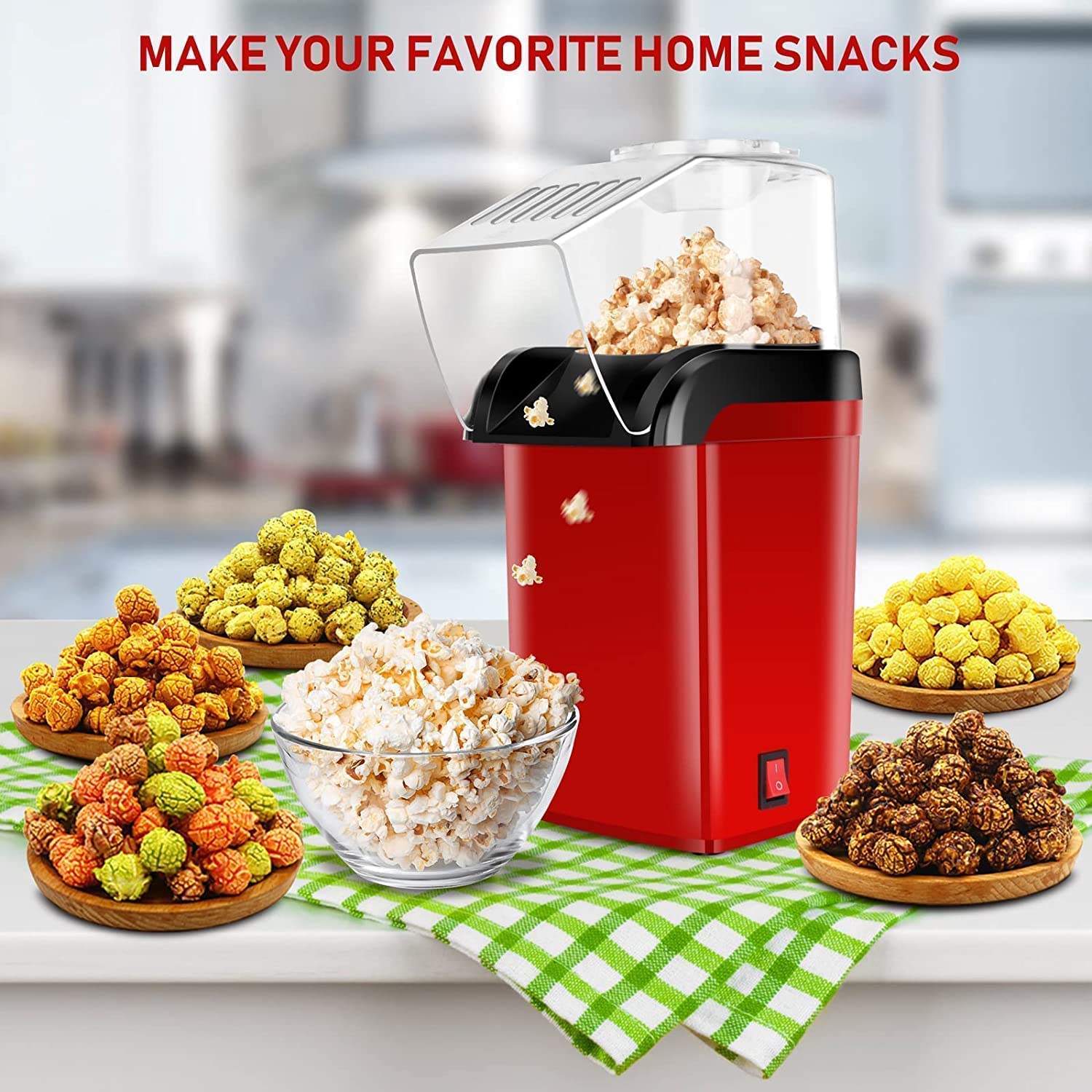 Playpulse (𝟏 𝐘𝐞𝐚𝐫 𝐰𝐚𝐫𝐫𝐚𝐧𝐭𝐲) Hot Air Popper, Electric Popcorn Maker Machine with 1200W, No oil needed, Healthy and Delicious Snack for Kids, Adults.Great for Holding Parties in Home