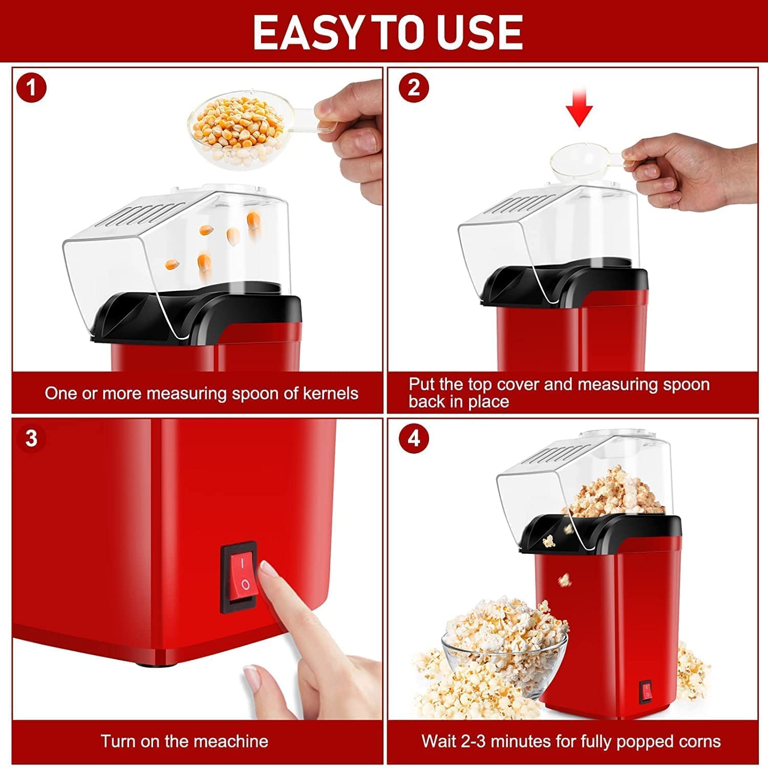 Playpulse (𝟏 𝐘𝐞𝐚𝐫 𝐰𝐚𝐫𝐫𝐚𝐧𝐭𝐲) Hot Air Popper, Electric Popcorn Maker Machine with 1200W, No oil needed, Healthy and Delicious Snack for Kids, Adults.Great for Holding Parties in Home