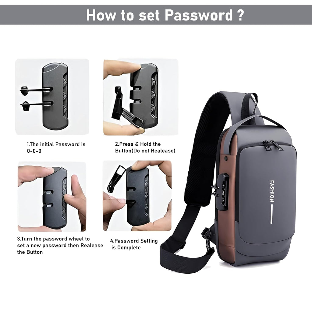 Storite Sling Bag for Men Stylish Crossbody Backpack for Men & Women, Anti-Theft Chest Bag with USB Charging Port, Messenger Bags, Casual Shoulder Bag (Grey Brown - 17 x 9 x 32 Cm)