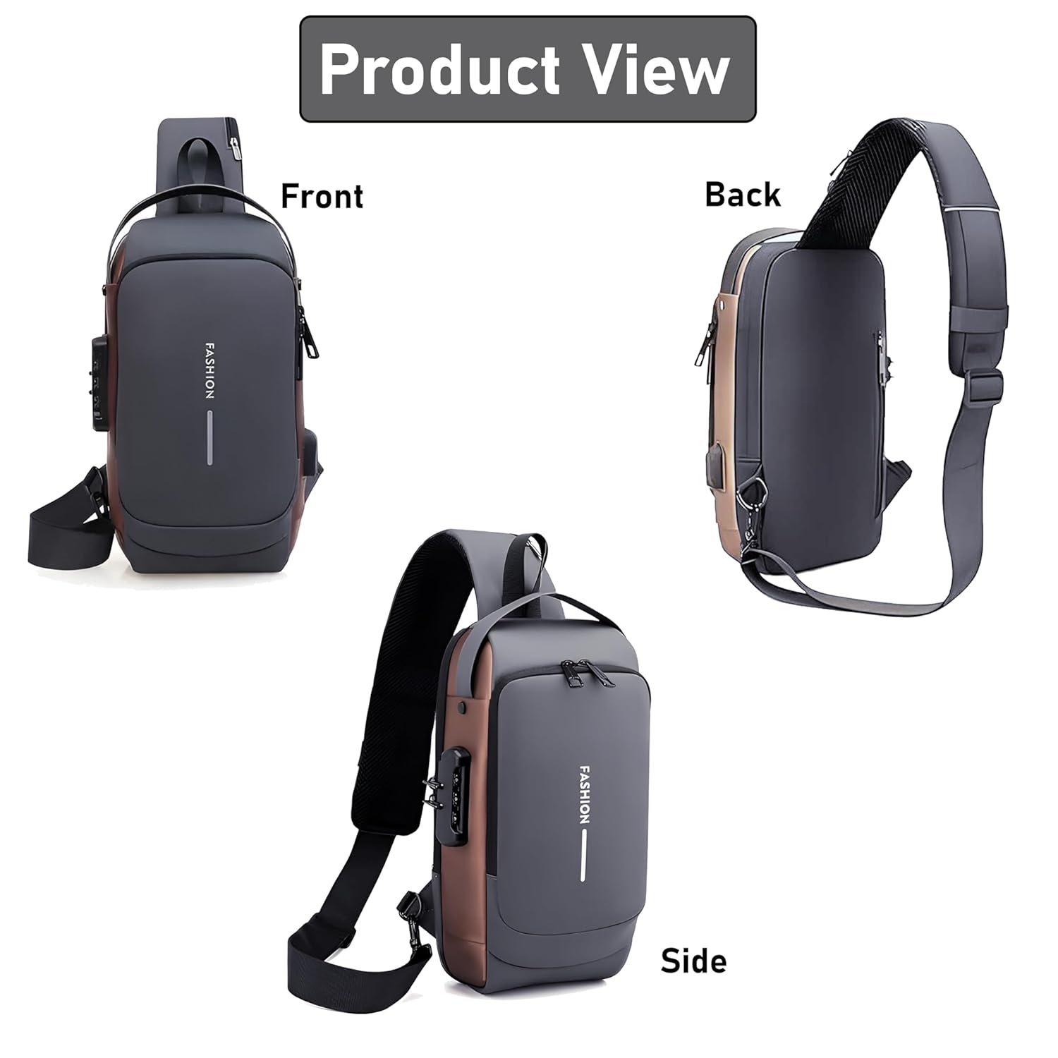 Storite Sling Bag for Men Stylish Crossbody Backpack for Men & Women, Anti-Theft Chest Bag with USB Charging Port, Messenger Bags, Casual Shoulder Bag (Grey Brown - 17 x 9 x 32 Cm)