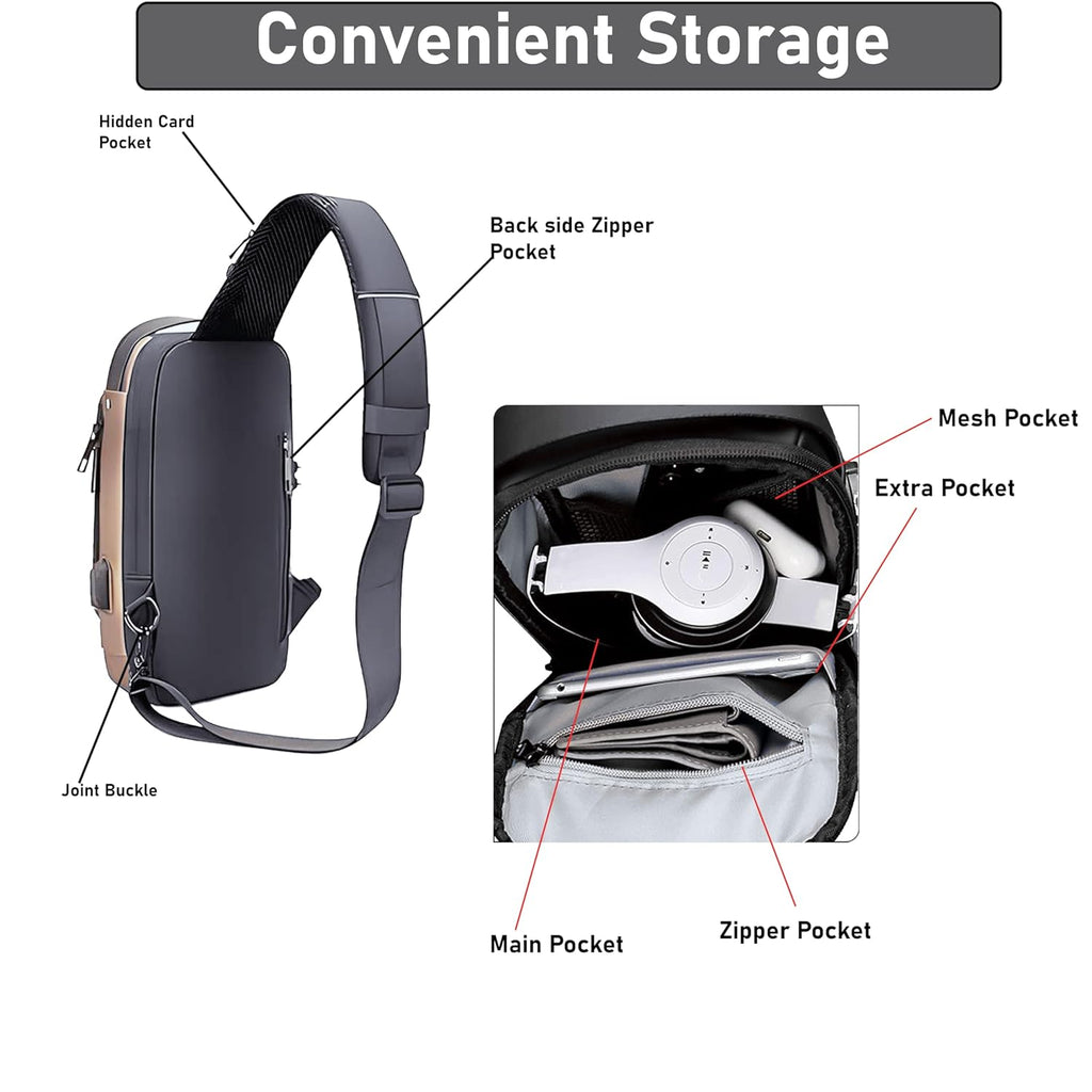 Storite Sling Bag for Men Stylish Crossbody Backpack for Men & Women, Anti-Theft Chest Bag with USB Charging Port, Messenger Bags, Casual Shoulder Bag (Grey Brown - 17 x 9 x 32 Cm)
