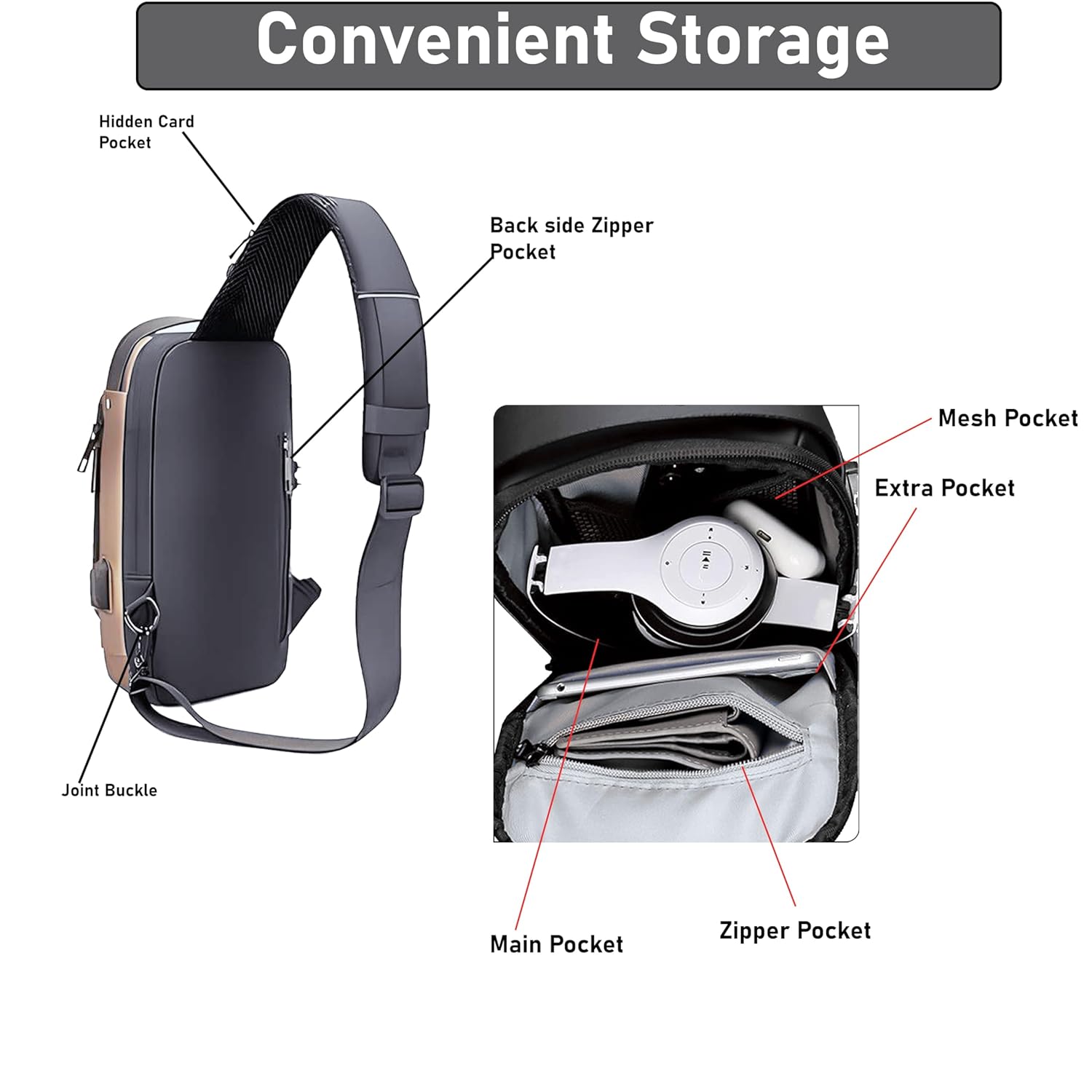 Storite Sling Bag for Men Stylish Crossbody Backpack for Men & Women, Anti-Theft Chest Bag with USB Charging Port, Messenger Bags, Casual Shoulder Bag (Grey Brown - 17 x 9 x 32 Cm)
