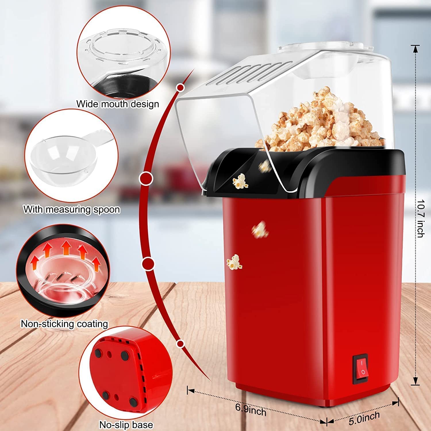 Playpulse (𝟏 𝐘𝐞𝐚𝐫 𝐰𝐚𝐫𝐫𝐚𝐧𝐭𝐲) Hot Air Popper, Electric Popcorn Maker Machine with 1200W, No oil needed, Healthy and Delicious Snack for Kids, Adults.Great for Holding Parties in Home