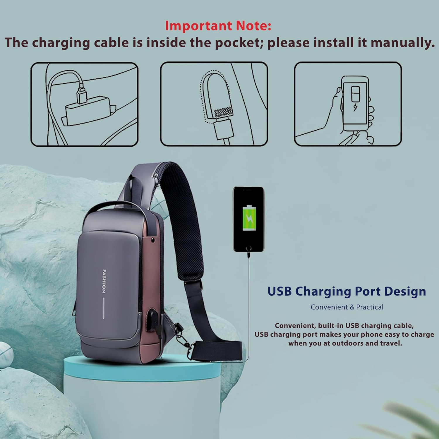 Storite Sling Bag for Men Stylish Crossbody Backpack for Men & Women, Anti-Theft Chest Bag with USB Charging Port, Messenger Bags, Casual Shoulder Bag (Grey Brown - 17 x 9 x 32 Cm)