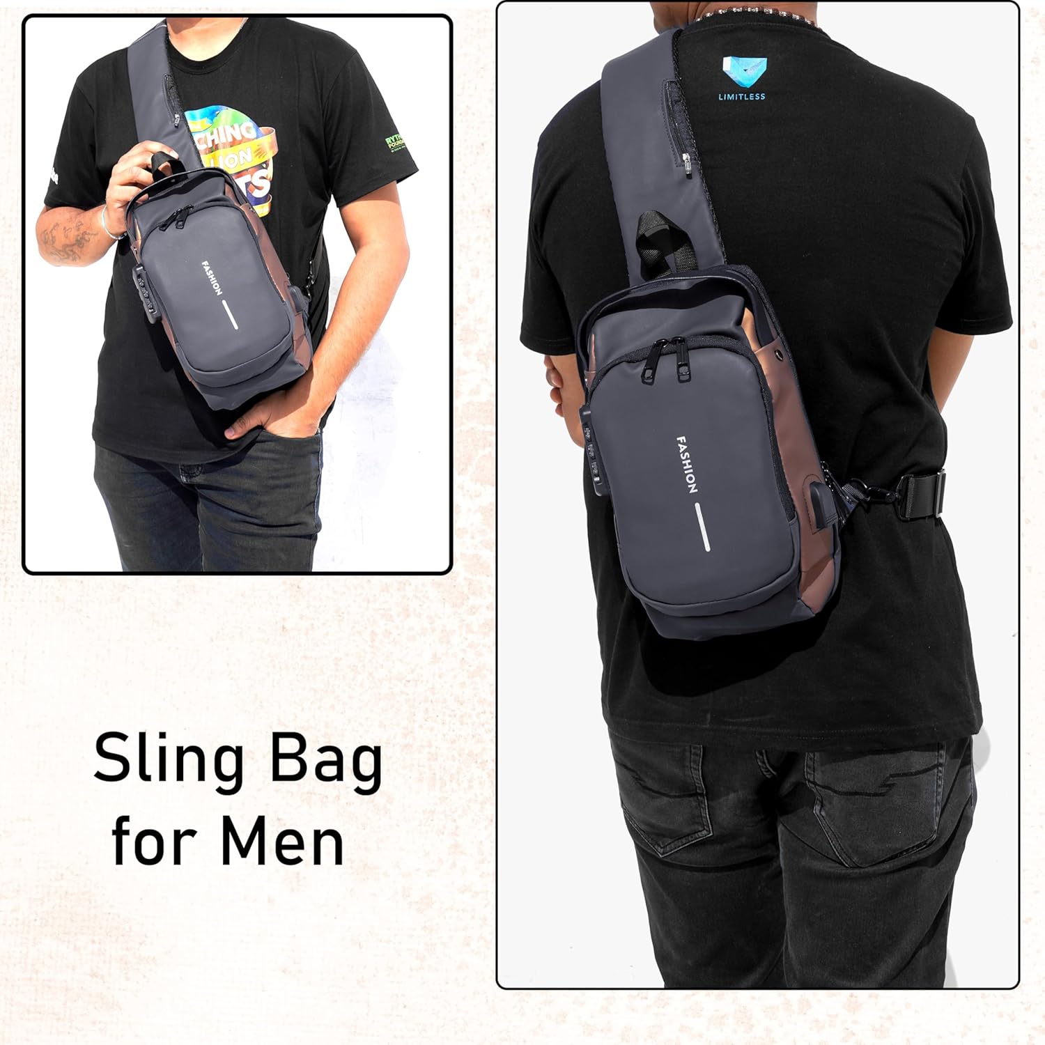 Storite Sling Bag for Men Stylish Crossbody Backpack for Men & Women, Anti-Theft Chest Bag with USB Charging Port, Messenger Bags, Casual Shoulder Bag (Grey Brown - 17 x 9 x 32 Cm)